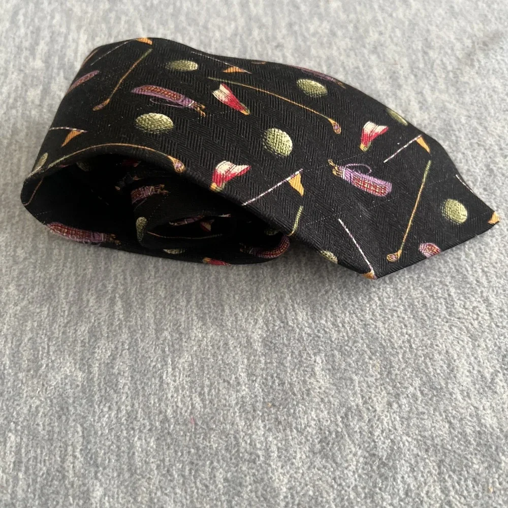 Prima Silk‎ Tie Men's Golf Balls Clubs Flags Fathers Day Black Colorful Career